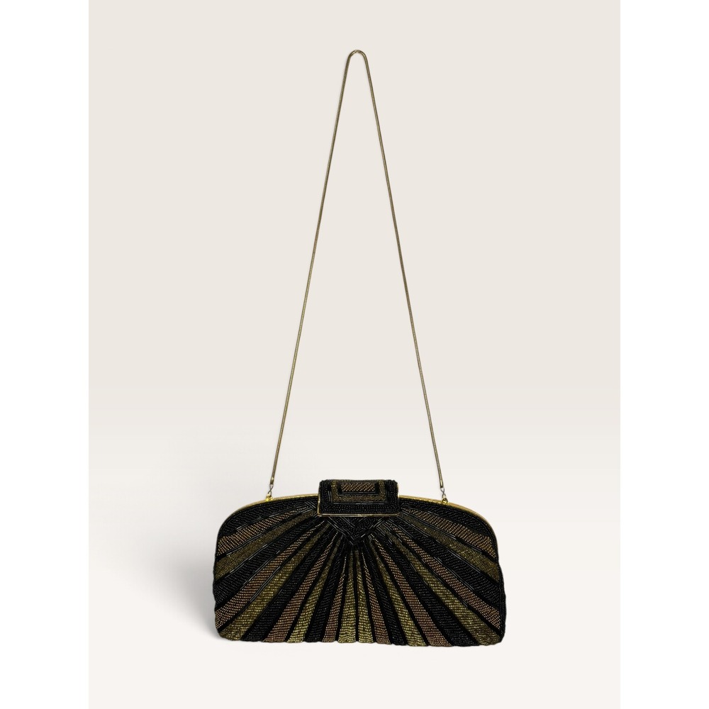 Vintage Beaded Evening Clutch Shoulder Bag Black Gold Art Deco 1950s